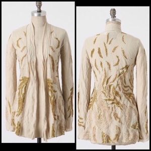 Anthro Guinevere Gold Feather Cardigan Sweater